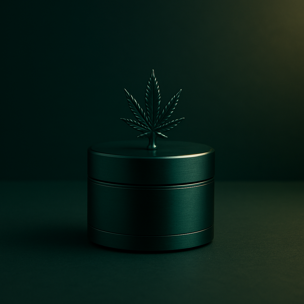 AI : a premium minimalist cannabis accessory item, dark emerald green…