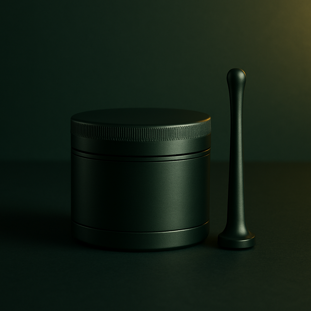 AI : a premium minimalist cannabis accessory item, dark emerald green…