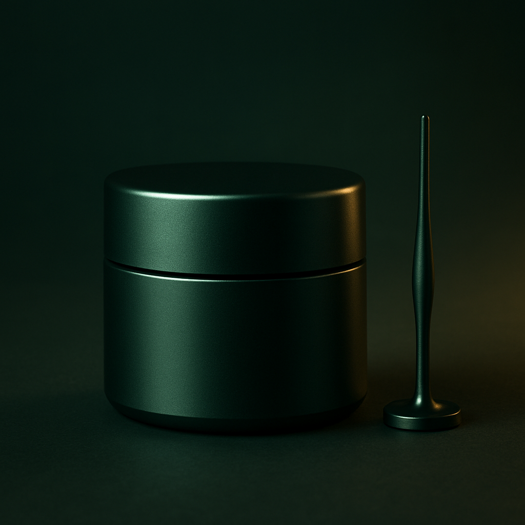 AI : a premium minimalist cannabis accessory item, dark emerald green…
