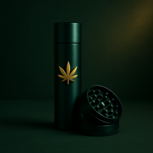 AI : a premium minimalist cannabis accessory item, dark emerald green…